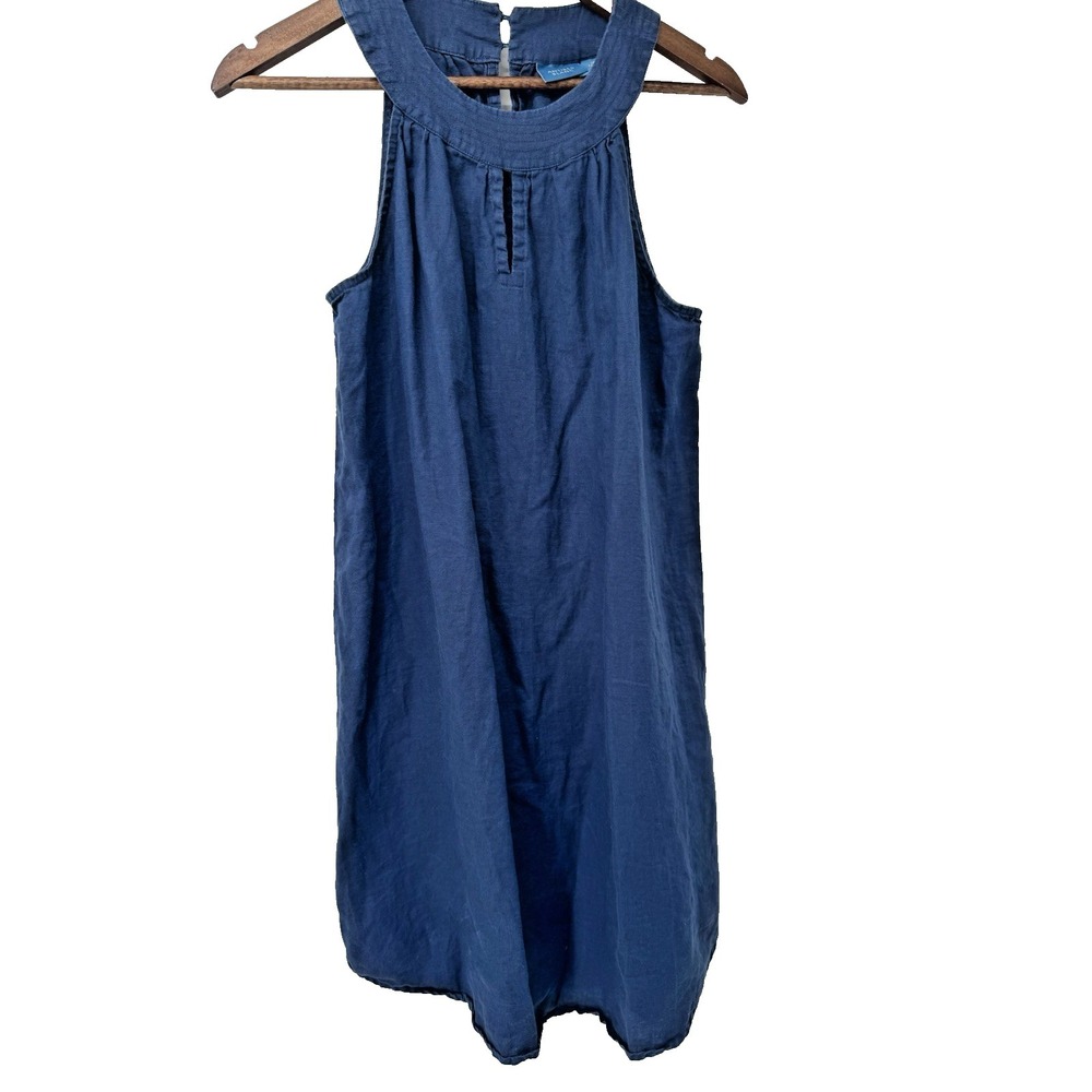Antibes Blanc Tank linen Dress High Neck Sleeveless Navy A-line coastal beachy M